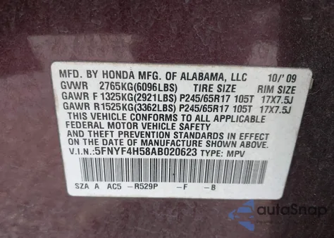 2010 Honda Pilot Ex-L z USA, uszkodzony, nr VIN 5FNYF4H58AB020623